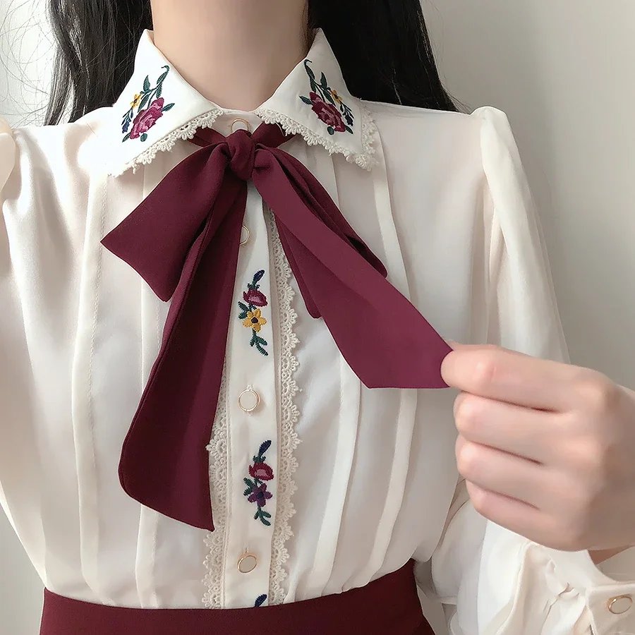 Women Formal Wear White Shirt - Ретро винтажные топы с галстуком-бабочкой и