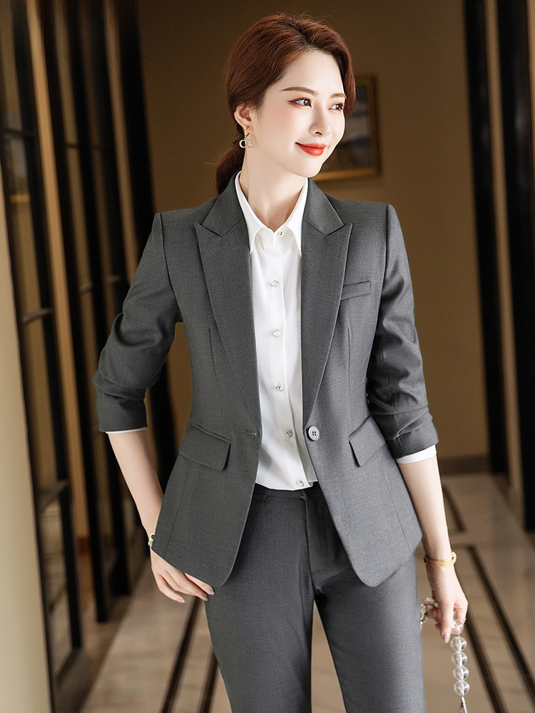 Women Formal Wear Interview - Серый костюм-двойка для женщин: весенне-осенний, высококачественный,