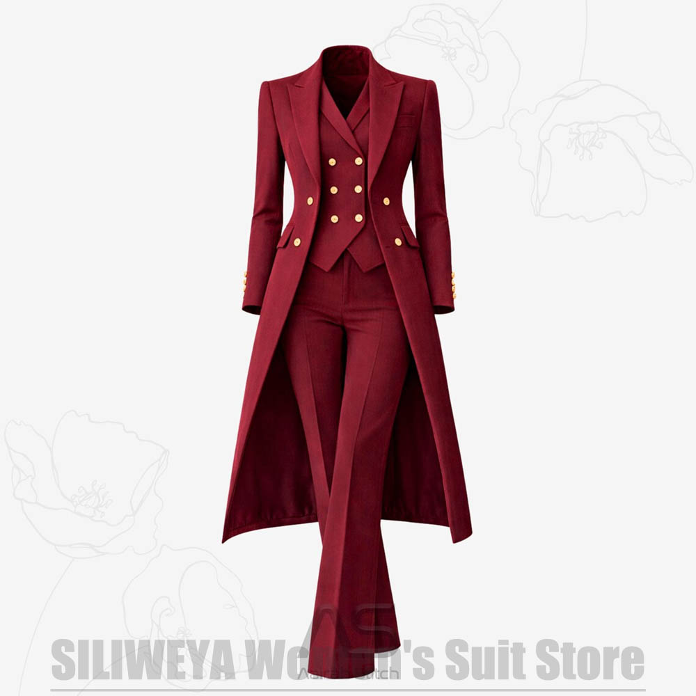 Women Formal Wear Outfits - Женский костюм-тройка: двубортное длинное пальто, жилет,