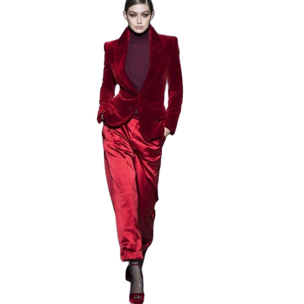 Women Formal Wear Outfits - Женские Брючные костюмы винно-красного цвета, бархатная