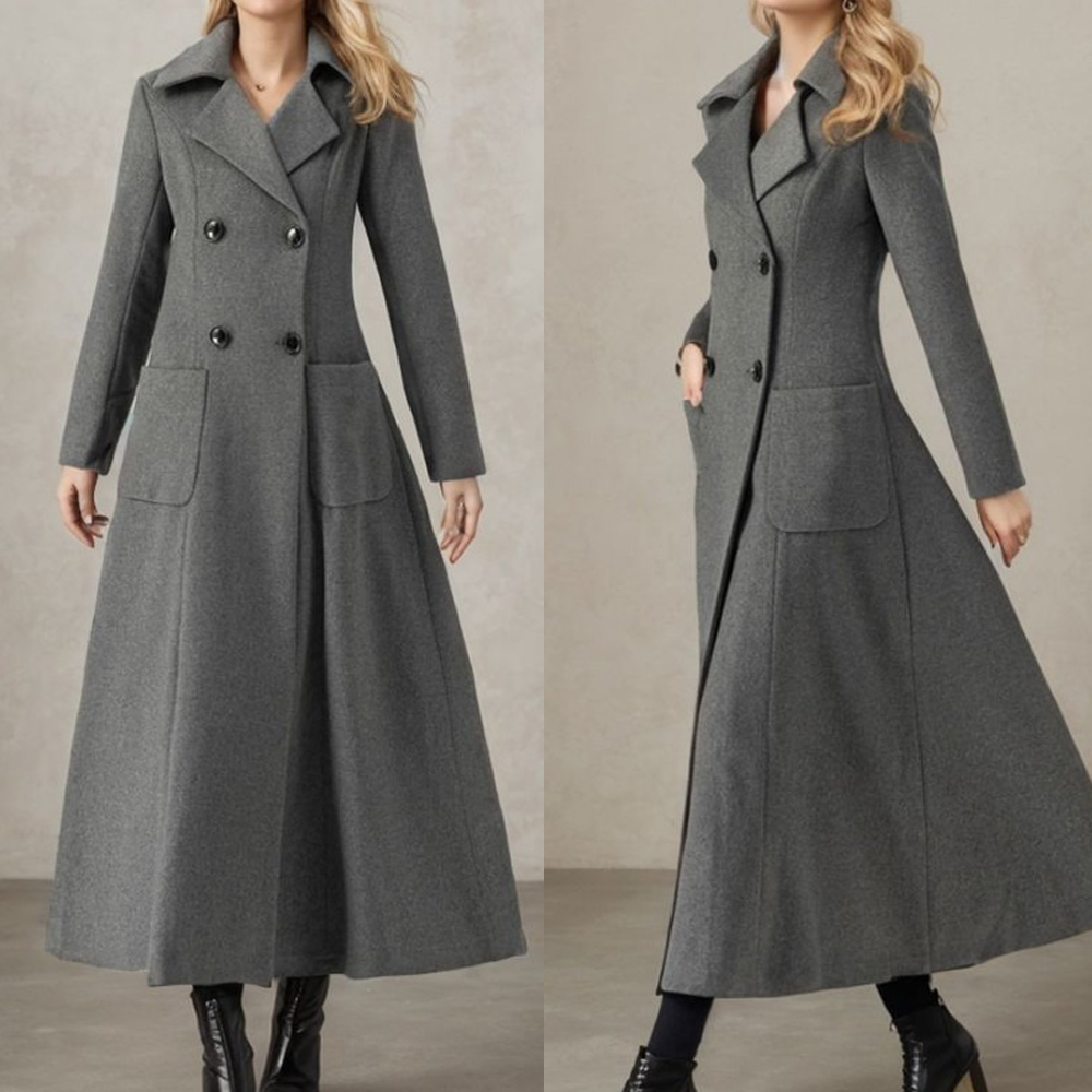 Tailored Coat Wool - Женская серая длинная куртка, шерстяной двубортный